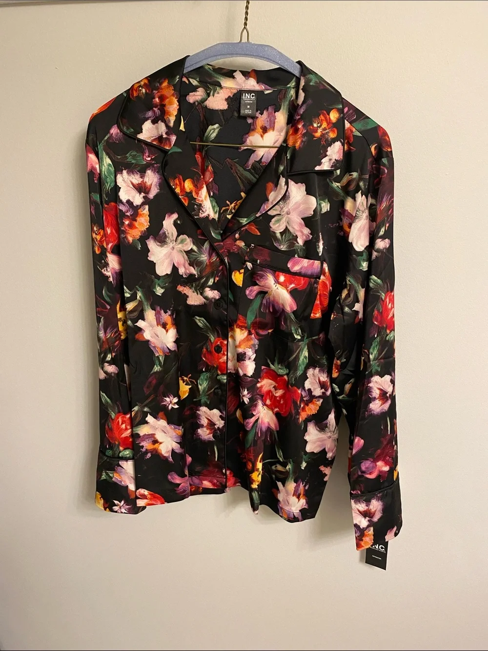 INC International Concepts Black Floral Satin Pajama Set - Picture 2 of 5